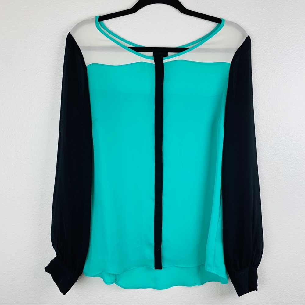 Worthington Color Block Blouse White Black & Teal